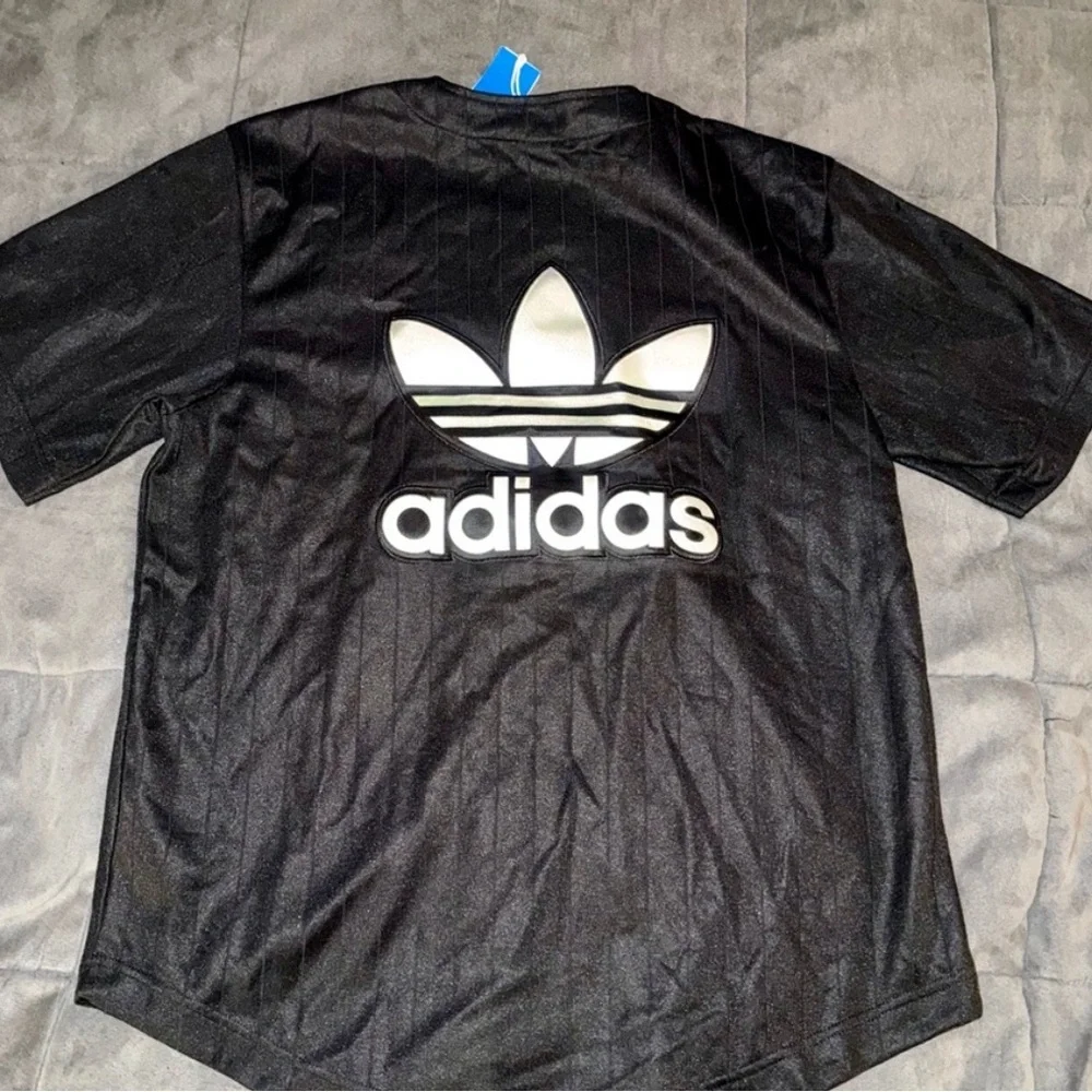 adidas Black Short Sleeve Button-Up Jersey with White Trefoil Logo - Picture 7 of 9